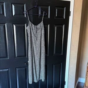 Black and White Printed Midi Slip Dress with Spaghetti Straps